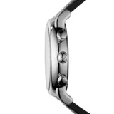Reloj Emporio Armani modelo AR1828, con caja de acero inoxidable plateado de 46mm, esfera negra mate con cronógrafo integrado, agujas plateadas y correa de cuero negro.