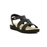 Sandalias negras de cuero con tiras cruzadas y pulsera con elástico en el tobillo.