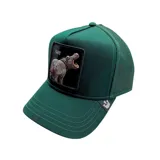 Gorra de béisbol verde con paneles de malla en la parte trasera, visera curva y parche bordado con un hipopótamo y la palabra "GUT".