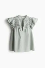 Blusa color verde agua de corte holgado en tejido liviano de algodón. Canesú con broderie adelante y liso atrás, ambos con frunces.