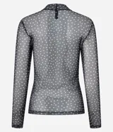 Blusa de tule transparente color negro con lunares blancos, cuello alto y mangas largas.