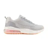 Championes deportivos urbanos American Sport Airtech Dina, color gris claro con detalles en gris oscuro y rosa. Capellada de tejido de punto, ajuste con cordones, suela blanca con cámara de aire rosa y logo "AS" en el talón.