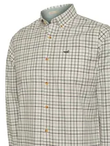 Camisa de franela de algodón orgánico con cuello americano abotonado, manga larga, corte regular y estampado a cuadros en tonos azul, blanco y rojo.
