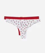 Kit de dos bombachas de microfibra modelo bikini. Una bombacha es lisa color rojo y la otra es estampada con dibujos de chiles sobre fondo blanco.