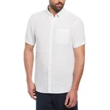 Camisa blanca de lino con cuello abotonado, manga corta, corte clásico y bolsillo en el pecho.