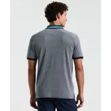 Polo gris jaspeado de piqué Birdseye con detalle de rayas horizontales en el pecho en azul marino y blanco. Cuello con tapeta de botones y logo bordado en el pecho.