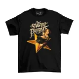 Remera negra de algodón con estampa del logo de la banda The Smashing Pumpkins y una imagen de una mujer sentada sobre una estrella.