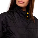 Campera acolchada negra para mujer, marca CAT, resistente al agua y al viento, con cuello alto y cierre frontal.