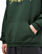 Canguro verde oscuro con capucha y bolsillo delantero. Estampado amarillo con el logo de Thrasher y Anti Hero en el pecho.