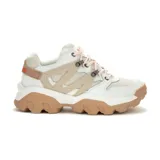 Zapatillas urbanas Cat Reactor de cuero color blanco, con detalles en beige y cordones de trekking color salmón.