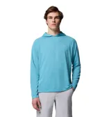 Remera de hombre Columbia PFG Solar Stream Hoo, color celeste, de manga larga con capucha y logo de la marca en el pecho. Confeccionada con tejido transpirable y protección UV. Ideal para pesca y actividades al aire libre.