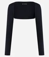 Saco bolero negro de microfibra con mangas largas.