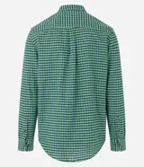 Camisa regular masculina confeccionada en lino, con cuello inglés, mangas largas, abotonado delantero y estampa de cuadros.