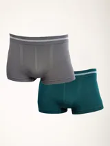 Pack de dos boxers de microfibra sin costuras, uno gris y otro verde petróleo, con cintura elástica con una raya horizontal.