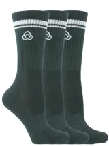 Pack de tres pares de calcetines negros con tres líneas horizontales blancas en la parte superior y logo bordado en blanco.