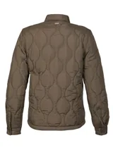 Campera color rosa pálido con diseño acolchado en forma de hojas, cuello camisero, cierre frontal con botones a presión, dos bolsillos de parche en el pecho y corte recto.