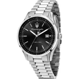 Reloj Maserati Sorpasso con caja de acero plateado de 42mm, esfera negra, pulsera de acero plateado y cristal mineral. Resistente al agua hasta 100 metros.
