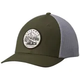 Gorra de béisbol Columbia color beige con paneles traseros de malla azul marino y logo de la marca bordado en el frente.