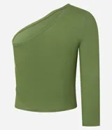 Blusa verde de rib con escote asimétrico de un solo hombro y manga larga.