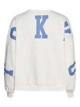 Sudadera blanca de cuello redondo, manga larga y corte oversize. Estampado frontal con la leyenda "Tokyo Japan 東京" en color azul. Diseño con puños y ruedo acanalados.