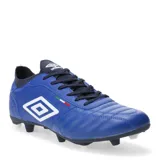 Championes de fútbol 11 Umbro Legend para hombre, color azul vibrante con logo Umbro en blanco. Presentan un diseño clásico con capellada acolchada y detalles de costura en forma de rombos. Incluyen un pequeño detalle de la bandera italiana en el lateral. La suela es de tacos moldeados, mayormente negros con puntas blancas.