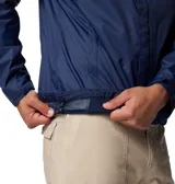 Impermeable en color azul marino con forro naranja, costuras selladas, capucha ajustable y bolsillo con cremallera.