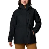 Campera impermeable Columbia Hikebound II Long para mujer, color negro, con capucha ajustable, cierre frontal con solapa, cintura ajustable con cordón, puños ajustables, bolsillo oculto en el pecho y bolsillos con cremallera para las manos. Ideal para senderismo.