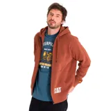 Buzo con capucha unisex de frisa color azul con cierre frontal, bolsillos tipo canguro, puños y cintura acanalados. Logo de Caterpillar bordado en el bolsillo inferior y estampado en la manga derecha.