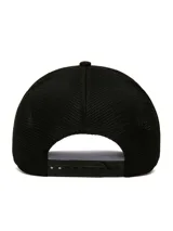 Gorro tipo trucker color marrón con paneles traseros de malla negra y parche frontal con el logo de Caterpillar.