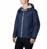 Campera impermeable Columbia Evapouration Jacket, color celeste, con capucha ajustable, cierre frontal completo, bolsillos laterales con cierre y ventilación en las axilas.