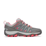 Zapatillas de senderismo Merrell Crosslander 3, color gris con detalles en rosa. Capellada de cuero de ante y malla transpirable, cierre de cordones, puntera sintética protectora, forro de malla transpirable, plantilla de espuma EVA reciclada, amortiguación Merrell Air Cushion en el talón y suela de goma adherente.