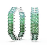 Par de aros tipo argolla Swarovski Matrix, bañados en rodio y adornados con circonitas de talla baguette en degradado de tonos verdes y celestes.