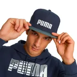 Gorra Puma unisex azul marino con visera gris y logo Puma bordado en blanco.