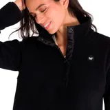 Buzo polar negro de mujer, marca CAT. Tiene cierre frontal de 3 botones con pliegue de poliéster ripstop, parche redondo con el logo de CAT en el pecho izquierdo, bolsillos en las costuras laterales y lycra en los puños de las mangas y en el dobladillo.
