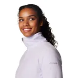 Buzo polar blanco de mujer, con cuello alto y cierre de media cremallera.