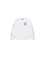 Remera blanca de manga larga con cuello redondo y estampado del logo de la marca Deus Ex Machina en el pecho y en las mangas.