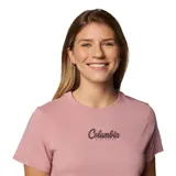 Remera blanca de algodón orgánico con cuello redondo y logo de Columbia estampado en el pecho.