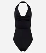 Body negro de poliéster y elastano, con frente única, escote drapeado y espalda descubierta.