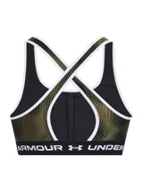Top deportivo Under Armour con estampado abstracto en tonos verde militar y negro, breteles finos blancos y banda elástica con logo de la marca.