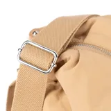 Bandolera color beige de poliéster con correa regulable, cierre superior y logo circular de la marca en el frente.