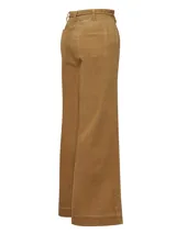 Pantalón de cotelé grueso color verde oliva, de tiro alto y pierna recta, con lazo ajustable en la cintura. Confeccionado en algodón orgánico.