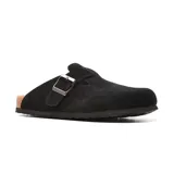 Zueco negro de cuero con hebilla metálica ajustable y plantilla anatómica de corcho.