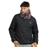 Cuello de polar con estampado geométrico en tonos rosa, azul, blanco y negro. Ajuste con cordón elástico.