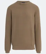 Suéter de punto color gris, con cuello redondo, manga larga y textura maquinetada.