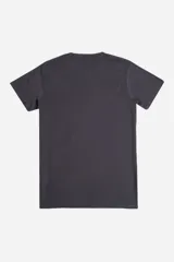 Remera gris de manga corta con cuello redondo y estampado con texto y gráficos en tonos azules.