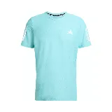Remera deportiva Adidas color celeste con cuello redondo y mangas cortas. Presenta el logo de la marca en el pecho y las tres líneas características en las mangas.