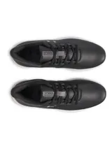 Zapatos de golf Under Armour Drive Medal SL para hombre, color negro con detalles en gris y blanco. La parte superior de microfibra es suave pero duradera, y la amortiguación Charged Cushioning absorbe los impactos.