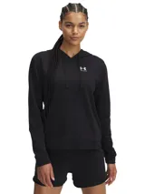 Buzo Under Armour de mujer, color negro, modelo Rival Terry Hoodie. Con capucha ajustable con cordones, logo estampado en el pecho y corte holgado.