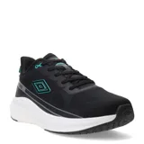 Championes de running Umbro color negro con detalles en celeste y suela blanca.