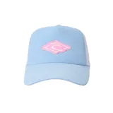 Gorra de béisbol celeste con paneles de malla blanca en la parte trasera y logo rosado en el frente.
